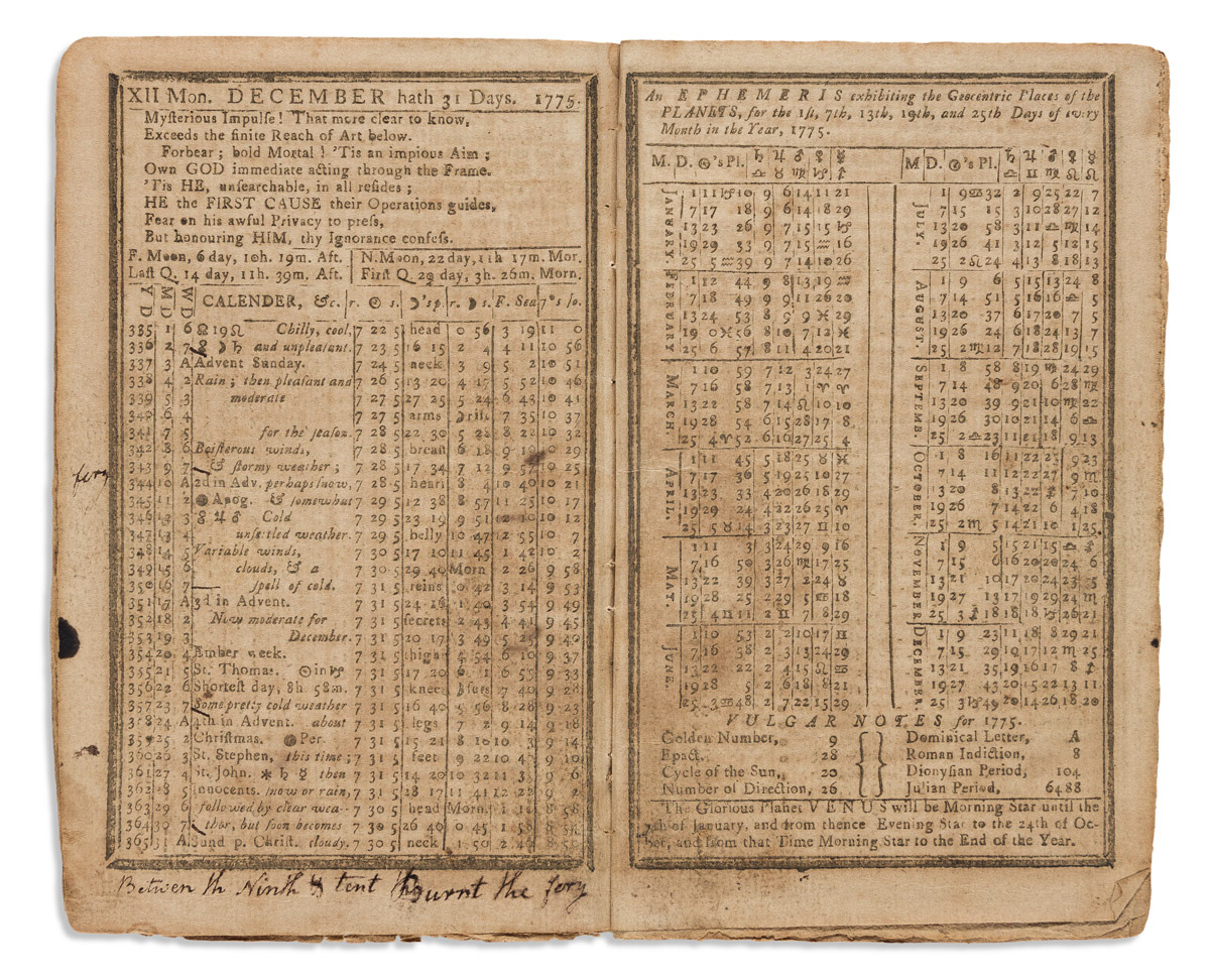 (AMERICAN REVOLUTION--1775.) John Anderson. Anderson Improved: Being an Almanack, and Ephemeris, for the Year of our Lord 1775.